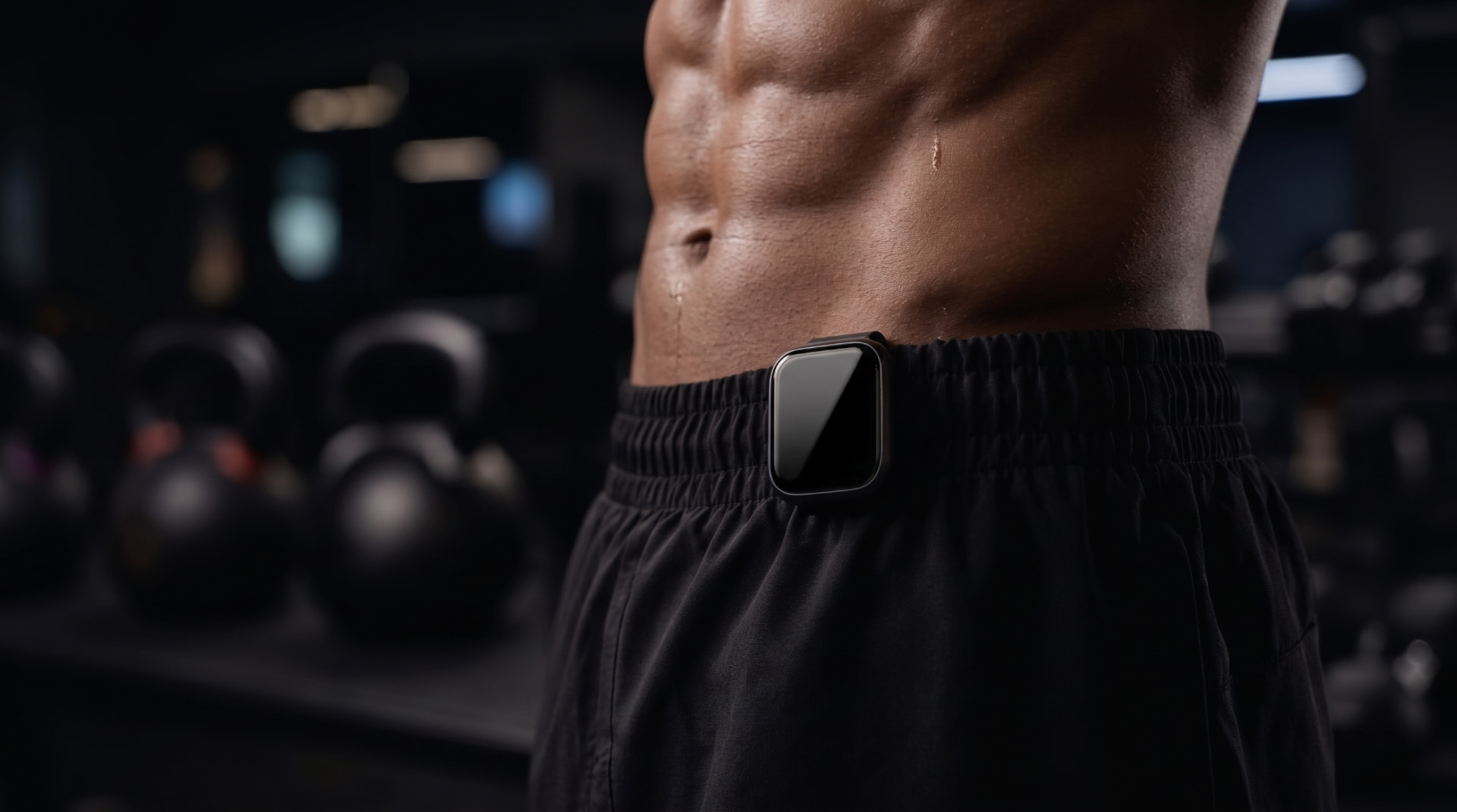 The BIT clipped to a waistband showing a bench press set on its screen